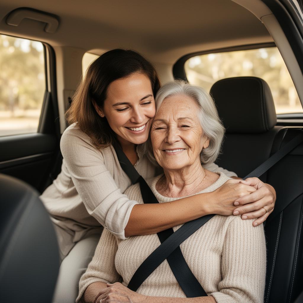 An adult daughter hugs her smiling elderly mother in a CareDrive vehicle in Sydney